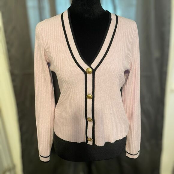 Express Pink Ribbed V-Neck Cardigan Black Trim Gold Buttons Classic Elegant Med - Picture 3 of 13